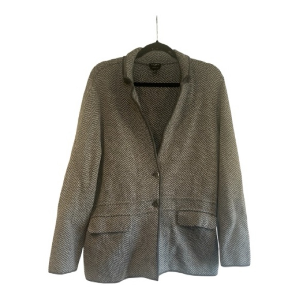 Talbots Womens Gray Herringbone Merino Wool Sweater Blazer Size Large Classic